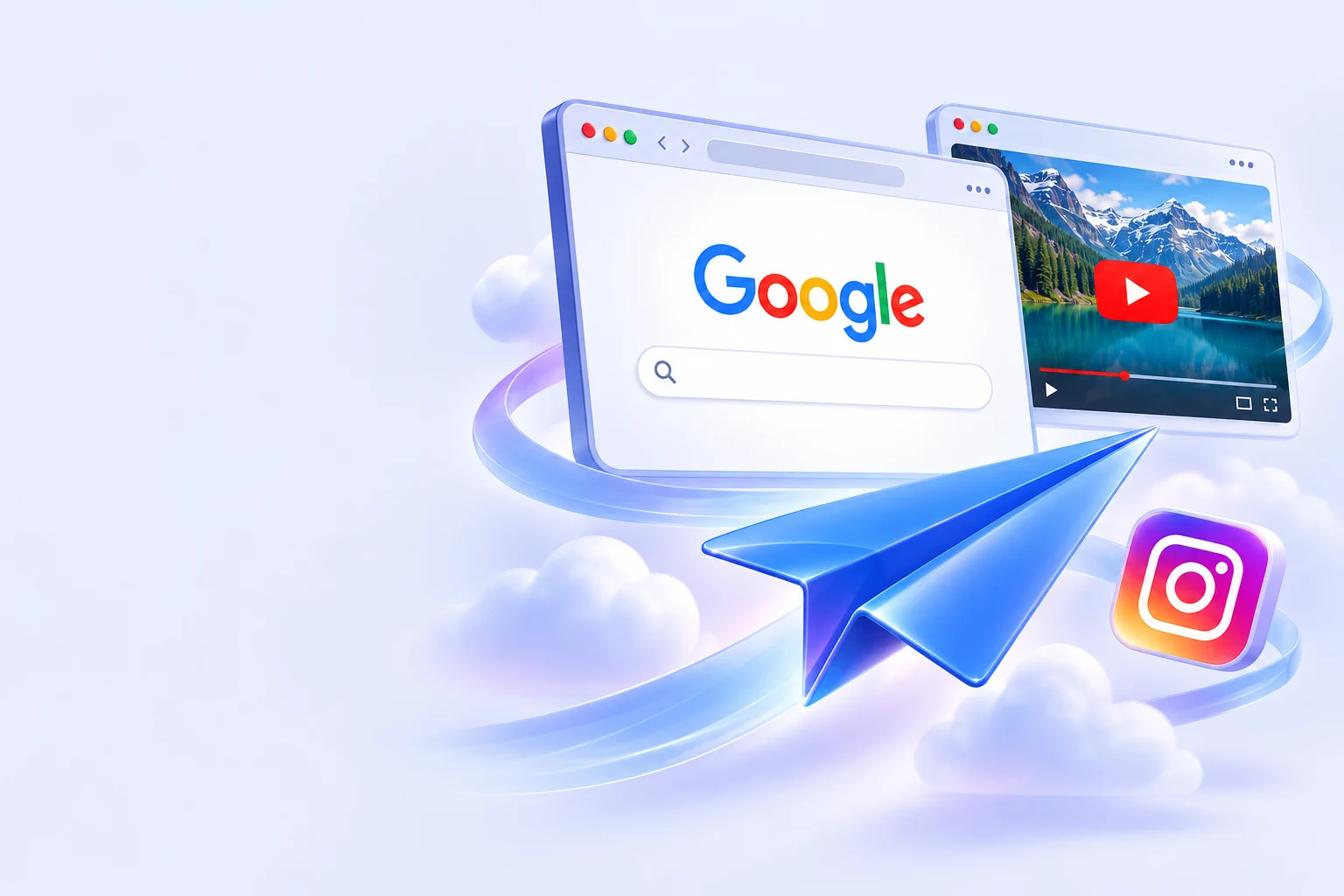 Google 搜索、YouTube 视频与 Instagram 应用场景插画
